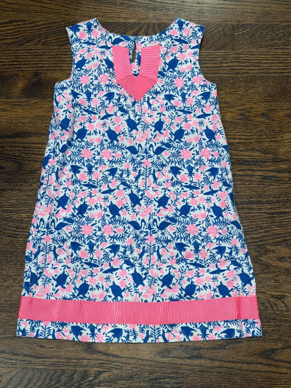 Vineyard Vines Girls Shift Dress Size 7 Blue Pink Sea Print Linen Blend Preppy